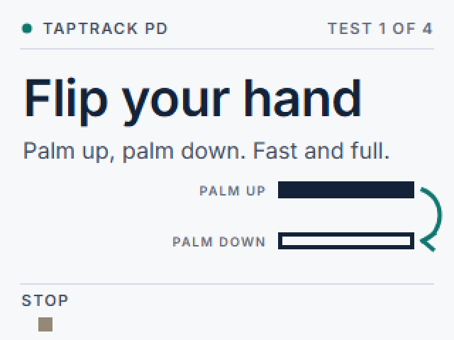 Wrist test screen: Flip your hand, test 1 of 4